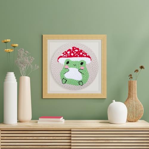 Louise Maelys Beginners Punch Needle kit,Embroidery Starter Kits for Adults,Rug Tool,Cross Stitch Including Handle Pen,Cloth,Hoop,Threads and Instruction-Mushroom Frog Pattern