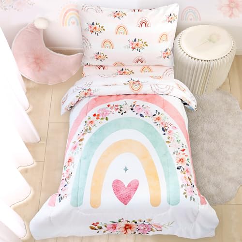 Toddler Bedding Sets for Girls, Rainbow Toddler Crib Bedding Set 4 Piece Pink Floral Toddler Comforter Set Includes Flat Top Sheet, Fitted Sheet, Comforter, Envelope Pillowcase, Soft & Comfort Pea Pod