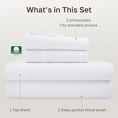 California Design Den Full Size Bed Sheets Set - Soft 400 Thread Count Sateen, Natural 100% Cotton Sheets Full Size Bed Set, Deep Pockets for a Snug Fit, Durable Bedding - White California Design Den
