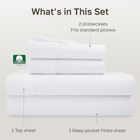 California Design Den Full Size Bed Sheets Set - Soft 400 Thread Count Sateen, Natural 100% Cotton Sheets Full Size Bed Set, Deep Pockets for a Snug Fit, Durable Bedding - White California Design Den