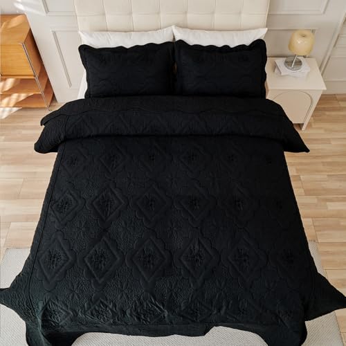 Cmfshape Floral Embroidery Quilt Set,3 Pieces Queen Quilt Bedding Set,Classic Diamond Pattern Quilts,Ultra Soft Lightweight Reversible Bedspread Coverlets for All Season(Black,90"x90") Cmfshape
