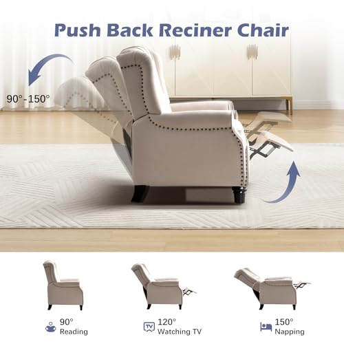 EBELLO Push Back Recliner Chair, Fabric Accent Chair Pushback Recliner with Rivet Decoration, Button-Tufted Back, Mid Century Wingback Armchair for Living Room, Bedroom, Beige
