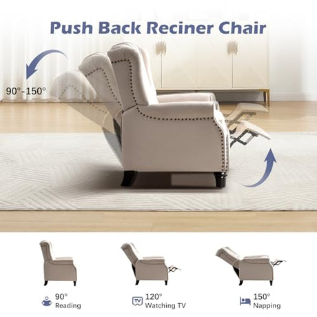 EBELLO Push Back Recliner Chair, Fabric Accent Chair Pushback Recliner with Rivet Decoration, Button-Tufted Back, Mid Century Wingback Armchair for Living Room, Bedroom, Beige EBELLO