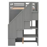 Ball & Cast Twin Size Loft Bed with 3 Shelves and 2 Wardrobes,Wooden Bedframe W/ 2 Drawers & Storage Ladder,Space Saving,Slat Support,Bedroom Furniture for Student Dorms,Guest Rooms,Gray Ball & Cast
