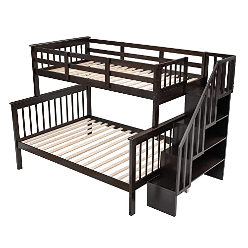 Ball & Cast Twin Over Full Bunk Bed with Storage Ladder and Full-Length Guardrails,Wooden Bunkbed w/Slat Support & into Two Individual Beds,Bedframe Furniture for Student Dorms,Guest Rooms,Espresso Ball & Cast