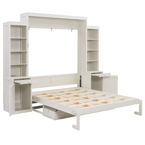 Harper & Bright Designs Queen Size Murphy Bed with Desk and Storage Cabinets, Wooden Hidden Folding Farmhouse Murphy Wall Bed Frame with Drawers for Adults, White Harper & Bright Designs