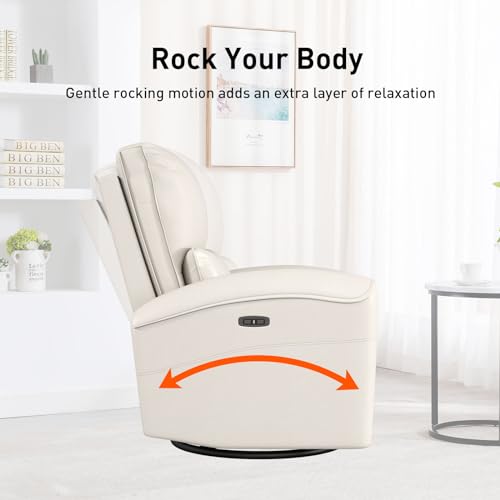 Bonzy Home Power Swivel Rocker Recliner Chair with USB Port, 23.2" Wide Seat, Fixed Lumbar Support, Upholstered Glider Chair for Nursery Living Room, Beige