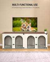 Hzuaneri 71" Dog Crate Furniture for 2 Dogs, Heavy Duty Indoor Dog Kennel TV Stand, XL Wooden Dog Cage with Divider for Medium Large Dogs, End Table Dog Crate with Cushion, White Brown DFC81914B Hzuaneri