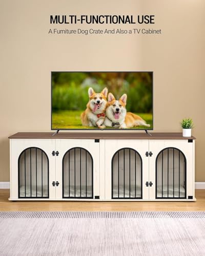 Hzuaneri 71" Dog Crate Furniture for 2 Dogs, Heavy Duty Indoor Dog Kennel TV Stand, XL Wooden Dog Cage with Divider for Medium Large Dogs, End Table Dog Crate with Cushion, White Brown DFC81914B Hzuaneri