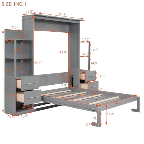 Harper & Bright Designs Full Murphy Bed with Storage Shelves, Drawers and LED Light, Cabinet Full Bed with Flexible Slats Support, Wood Foldable Wall Bed Frame for Home Office Studio, Gray Harper & Bright Designs