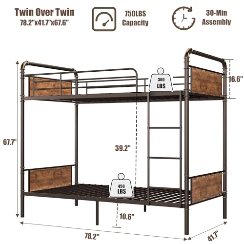 Garvee Industrial Twin Over Twin Bunk Bed, Convertible to 2 Separate Single Beds, Sturdy Metal Bunk Bed, Detachable Ladder & High Safety Guardrails for Safety, Space-Saving Design