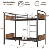 Garvee Industrial Twin Over Twin Bunk Bed, Convertible to 2 Separate Single Beds, Sturdy Metal Bunk Bed, Detachable Ladder & High Safety Guardrails for Safety, Space-Saving Design