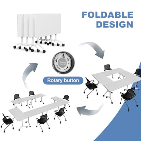Usosidam Office Folding Conference Room Table,6 Pack Portable Mobile Conference Table with Large Wheels Foldable Modular Training Tables for Classroom Meetings Boardroom Events White55.2，6 Usosidam