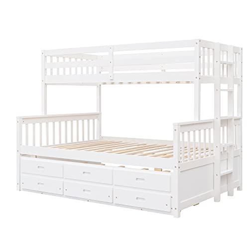 Harper & Bright Designs Twin Over Full Bunk Bed with Trundle, Solid Wood Bunk Bed Frame with Storage Drawers, for Kids Teens Adults (White) Harper & Bright Designs
