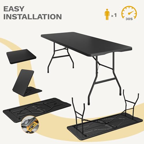 DWVO 6FT Folding Table, Heavy Duty Folding Tables with Carrying Handle, HDPE Fold up Table for Outdoor Camping Picnic Parties, Indoor Events (Black) DWVO