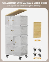 4 Tier Metal Storage Cabinet with wheels, Storage Bins with Magnetic Doors, Storage Cart for Living Room Wofufuza