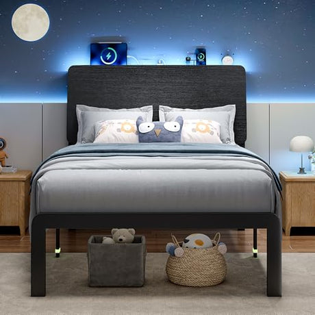 Feonase Twin Bed Frame with Ergonomic Storage Headboard & Charging Station, LED Platform Bed Frame, Heavy Duty Metal Slats, No Box Spring Needed, Easy Assembly, Black Feonase