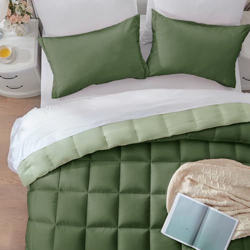 SunStyle Home King Size Comforter Set - 3 Pieces Box Stitched Reversible Comforters King Size, Lightweight Bedding Sets with 1 Down Alternative Comforter and 2 Pillow Shams for All Seasons,Green SunStyle Home