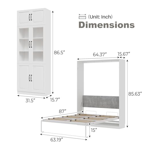 Bobve Farmhouse Murphy Bed Queen, 85" Wall Bed Folds to Save Space, Concealed Bed Frame with 2 Glass Storage Cabinets and Wall Mounted Features for Apartment/Office/Guest Room Bobve
