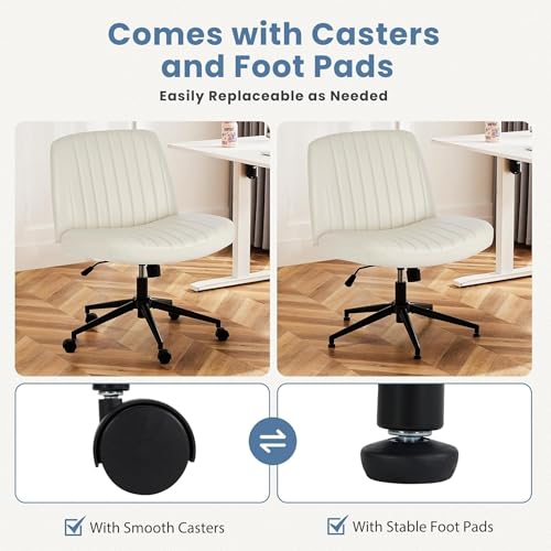 DUMOS Criss Cross Chair with Wheels, Legged Office Armless Wide Desk Seat Dual-Purpose Base, Adjustable Swivel Leather Task Vanity Home Office Desk Seating, Cream DUMOS