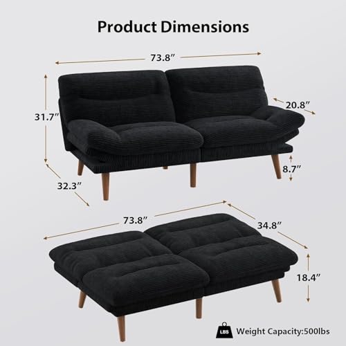 Pipishell Futon Sofa Bed, 66 Inch Corduroy Futon Couch Convertible with Adjustable Backrest and Armrests, Recliner Sleeper Sofa for Small Spaces, Living Room, Office, Guest Room (Black, 66 Inch) Pipishell