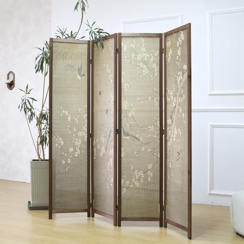 Furnnylane 4 Panel Room Divider Screen and Folding Panel Screen,Double Sided Bamboo Divider for Room Separation,White Plum and Birds,67" H x 63" W,67" H x 63" W Furnnylane