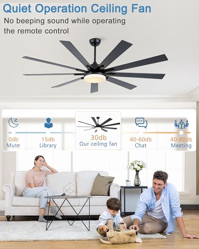 POCHFAN 72 inch Large Ceiling Fans with Lights and Remote Control, Modern Black Ceiling fan with 9 Wooden Blades for Kitchen Living Room Patio, Quiet DC Motor, 3 CCT Dimmable,6 Speed - WoodArtSupply