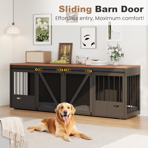 Large Dog Crate Furniture for 2 Dogs, 94.5" L Double Dog Kennel Furniture with Sliding Barn Door & Removable Bowl Drawers and Room Divide for Large & Medium Breeds MOWPEX