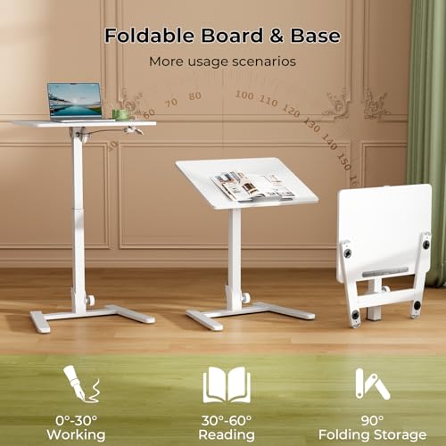 Gibbon Mounts Foldable Standing Desk，Small Mobile Sit-Stand Desk with 90 Tiltable Top，Rolling Rising Laptop Workstation Adjustable Height，Portable Table on Hidden Wheels/4 Lockable Casters，White Gibbon Mounts