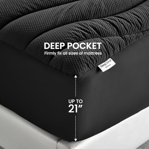 SLEEP ZONE Cooling Twin Mattress Topper for Single Bed, Premium Zoned Cool Mattress Pad Cover, Padded Mattress Protector Breathable Washable, Deep Pocket 8-21" (Black, Twin) SLEEP ZONE