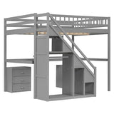 Bellemave Full Loft Bed with Stairs and Shelves, Wood Loft Bed with Two Chest of Drawers, Wardrobe, LED for Kids, Teens, Adults, Gray Bellemave