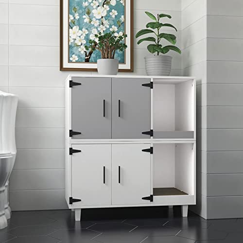 GDLF Modern Wood Pet Crate Cat Washroom Hidden Litter Box Enclosure Furniture House as Table Nightstand with Scratch Pad,Stackable (Gray & White) GDLF