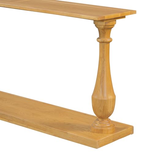 Merax Vintage Console Table with Pine Veneer and Elegance Vase-Leg Design, Sofa Table with Double-Layer Storage for Living Room, Study Room, Entryway Bedroom, Natural Merax