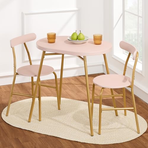 Best Choice Products 3-Piece Oval Dining Table Set,Modern Small Kitchen Dinette w/ 2 Chairs, Metal Frame, Curved Backrests - Pink/Gold Best Choice Products