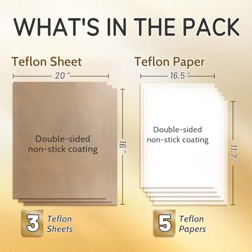 TransOurDream 3 PTFE Teflon Sheets 16×20"& 5 Teflon Papers A3 for Heat Press Transfer Sublimation Paper and Heat Transfer Paper Reusable Heat Resistant Non Stick TransOurDream