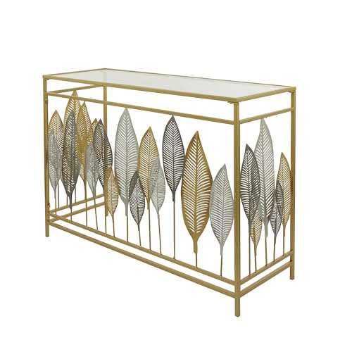 Deco 79 Metal Leaf Console Table with Mirrored Glass Top and Silver Accents, 44" x 16" x 30", Gold Deco 79