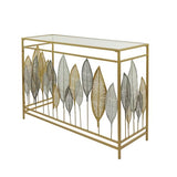 Deco 79 Metal Leaf Console Table with Mirrored Glass Top and Silver Accents, 44" x 16" x 30", Gold Deco 79