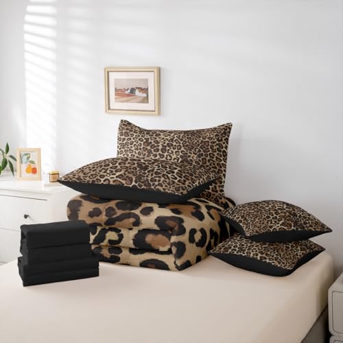 Erosebridal Leopard Print 7 Piece Bedding Set Queen Cheetah Decor Comforter Set with Sheets Geometric Modern Bed in A Bag African Safari Animal Bed Sets with 2 Pillowcases, 2 Throw Pillow Covers Erosebridal