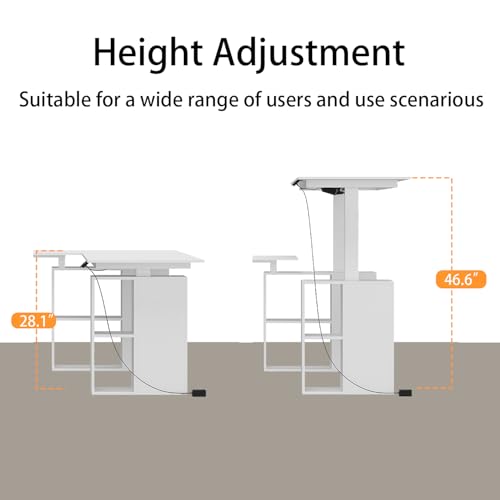 WOODTIME U-Shaped Electric Standing Desk with Drawer, Doors & Open Shelves, Height Adjustable Home Office Computer Stand up Desk with Storage, White WOODTIME