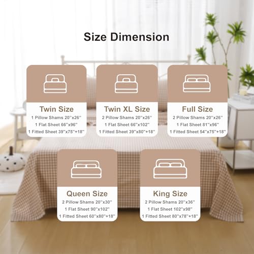 K MASANIJI Taupe White Plaid Ruffle Sheets Queen Size 4-Piece Set, 300TC 100% Yarn Dyed Washed Cotton Checker Sheets 18'' Deep Pocket Farmhouse Gingham Decorative Bedding（Taupe/White Plaid, Queen） K MASANIJI