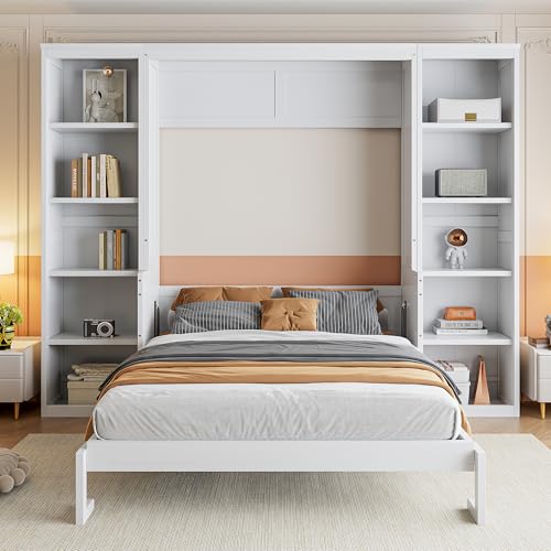 Ball & Cast Full Size Murphy Bed Wood Hideaway Cabinet Platform Bedframe with Desk and Bookshelf,Wall Chest w/Slat Support & Storage Racks,can be Folded,Space-Saving,for Small Room,Dorms,White Ball & Cast