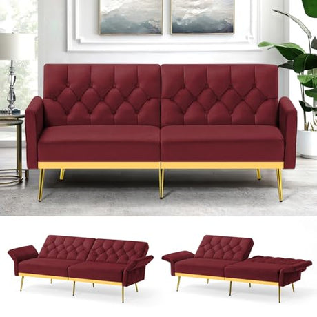 ACMEASE Velvet Sofa Bed w/Adjustable Armrests & Backrests, Modern Convertible Sleeper Sofa, Tufted Futon Sofa for Bedroom, Living Room, Apartment, Red ACMEASE