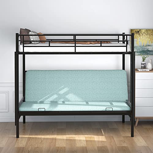 Polibi Twin Over Full Metal Bunk Bed with Two Side Ladders and Guardrail, Bottom Full Size Bunk Bed Can be Converted into Futon/Seat(Black) Polibi