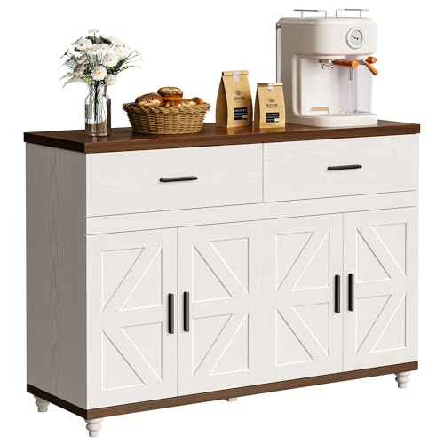 IRONCK Farmhouse 47.2" Sideboard Buffet Cabinet, White Coffee Bar Cabinet with 2 Drawers & Doors, Credenza Storage Cabinet for Kitchen, Living Room or Entryway IRONCK
