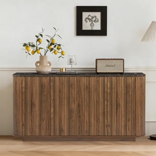 SZTHHDF 64" Sideboard Buffet Cabinet with Storage, Modern Fluted Credenza with Adjustable Shelves, Wood Faux Marble-Top Coffee Bar Console Table for Living Room Kitchen Dining Room, 31.5" H, Walnut SZTHHDF