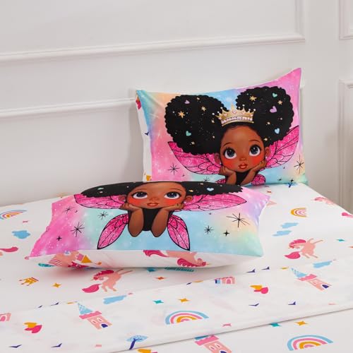 A Nice Night Black Girl Princess with Wings Comforter Set,Pink Gradient Glitter Rainbow Galaxy 6pcs Kids Bedding Set,Twin A Nice Night