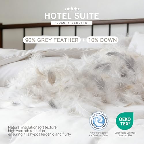 Hotel Suite Feather Down Comforter, Natural Fluffy Duvet Insert, Luxurious Hotel Collection Quilts, All Season Bedding Comforter, 100% Cotton Cover（King Size, 104 x 88 Inch, White） Hotel Suite