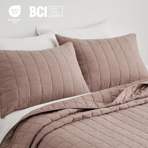 EVERGRACEHOME 100% Cotton Box Stitch Quilt Bedding Set King Size 3 Pieces, Garment-Washed Lightweight Soft Cozy Coverlet, Oversized Quilted Bedspread Sets with 2 Shams for All Season, Clay EVERGRACEHOME
