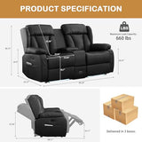 DUNELLA 66" Power Loveseat Recliner Sofa, Home Theater Seating with Console, Electric Recliner RV Sofa with USB/Type-C/Storage/Side Pocket/LED Light for Travel Trailers (Black)