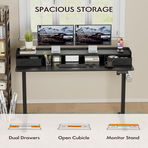 Furmax Electric Standing Desk with Drawers, Stand Up Desk with Storage Shelf Height Adjustable Computer Desk with Organizer for Home Office Ergonomic (Black, 55 Inch) Furmax
